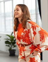 Sherin Kadın Turuncu Çiçek Desenli Kimono Pantolon Takım