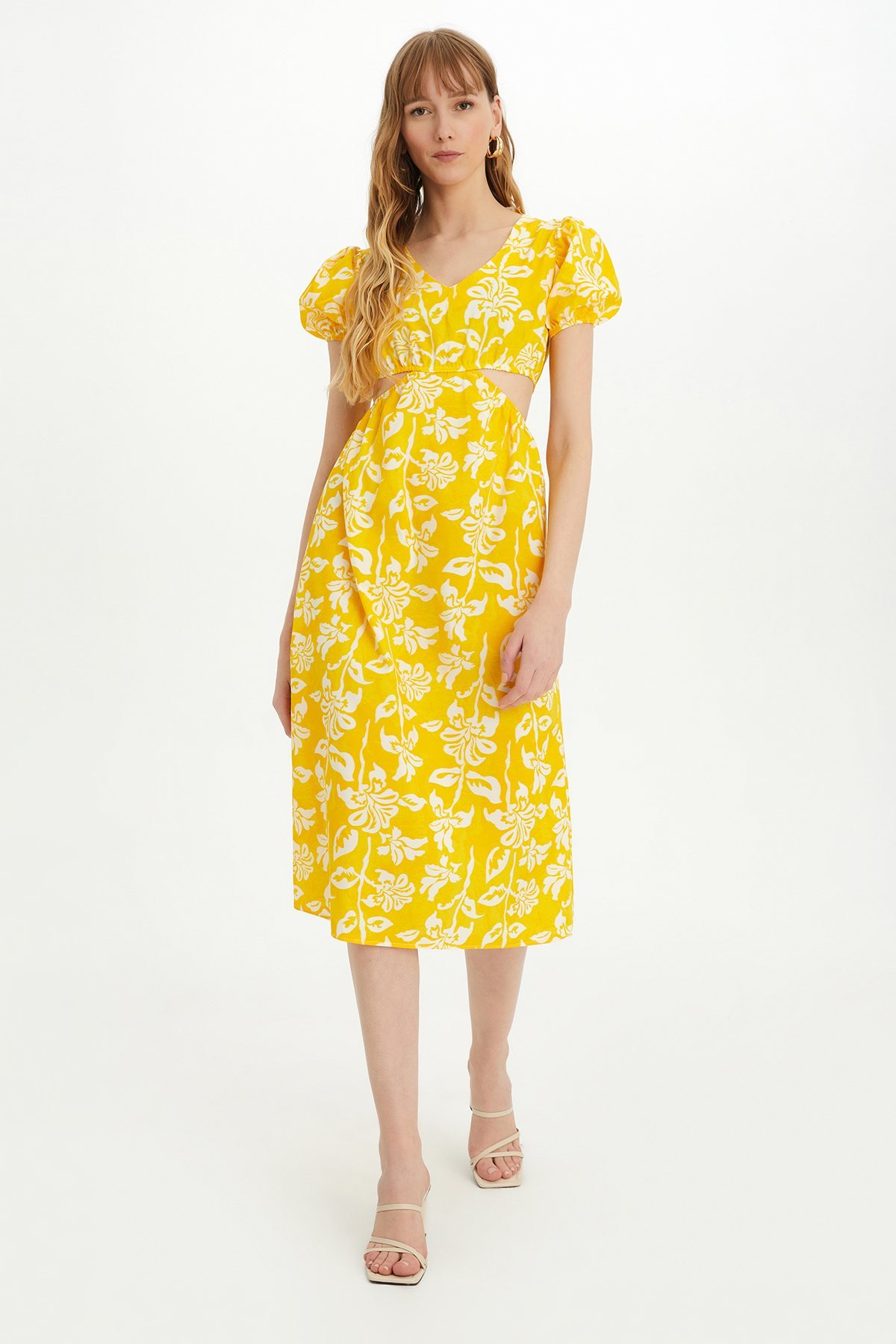 Sherin Kadın Sarı Çiçek Desenli Bel Dekolteli Yazlık Elbise