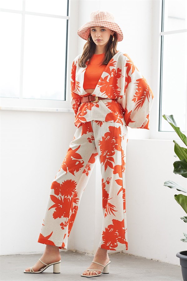 Sherin Kadın Turuncu Çiçek Desenli Kimono Pantolon Takım SWTK4415-4416TU