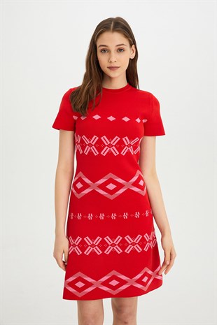 Sherin Kadın Kırmızı Kısa Kollu Desenli Triko Elbise SWD4284KR