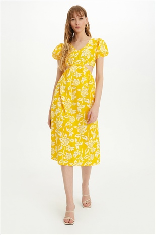 Sherin Kadın Sarı Çiçek Desenli Bel Dekolteli Yazlık Elbise SWD4426SR