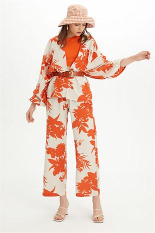 Sherin Kadın Turuncu Çiçek Desenli Kimono Pantolon Takım SWTK4415-4416TU