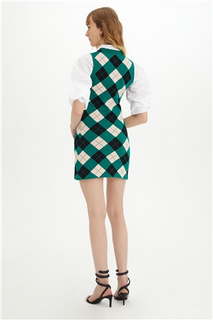 Sherin Kadın Yeşil Baklava Desenli Kolsuz Triko Elbise SWD4308YE