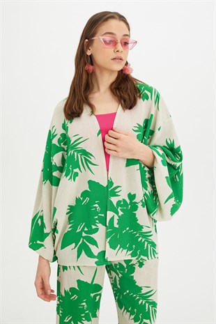 Sherin Kadın Yeşil Çiçek Desenli Kimono Pantolon Takım SWTK4415-4416YE