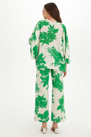 Sherin Kadın Yeşil Çiçek Desenli Kimono Pantolon Takım SWTK4415-4416YE