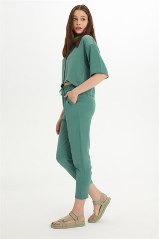 Sherin Kadın Yeşil Saten Gömlek Pantolon Takım SWTK4406-4407YE
