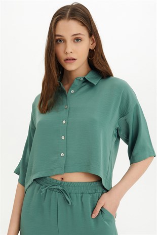 Sherin Kadın Yeşil Saten Gömlek Pantolon Takım SWTK4406-4407YE